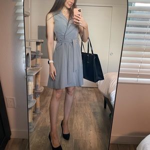 Calvin Klein Notched Collar Tie Waist Dress in Grey